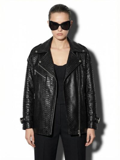Oversized Boyfriend Black Genuine Python Skin Biker Jacket - Luxury Exotic Moto Coat