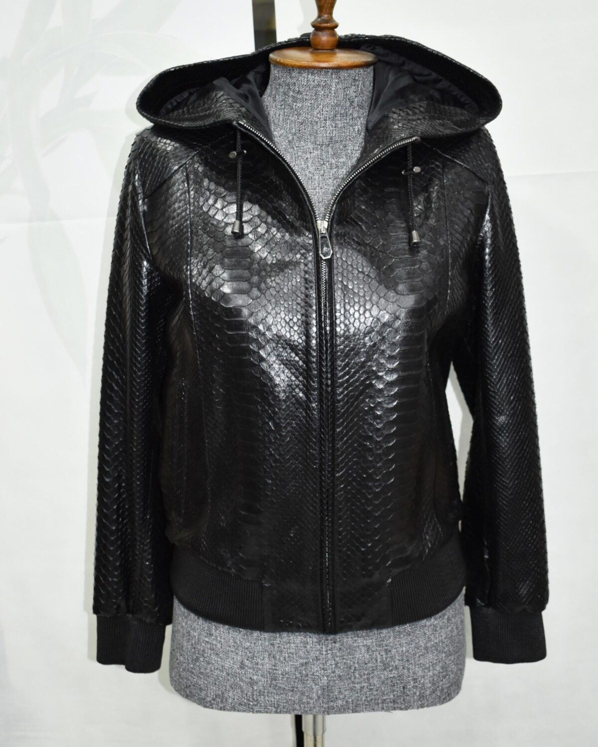 Genuine Black Python Skin Hooded Bomber Jacket - Luxury Urban Snake Leather Coat