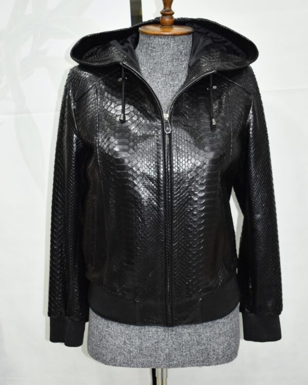 695e604e59f447123fa64afe.jpg Genuine Black Python Skin Hooded Bomber Jacket - Luxury Urban Snake Leather Coat