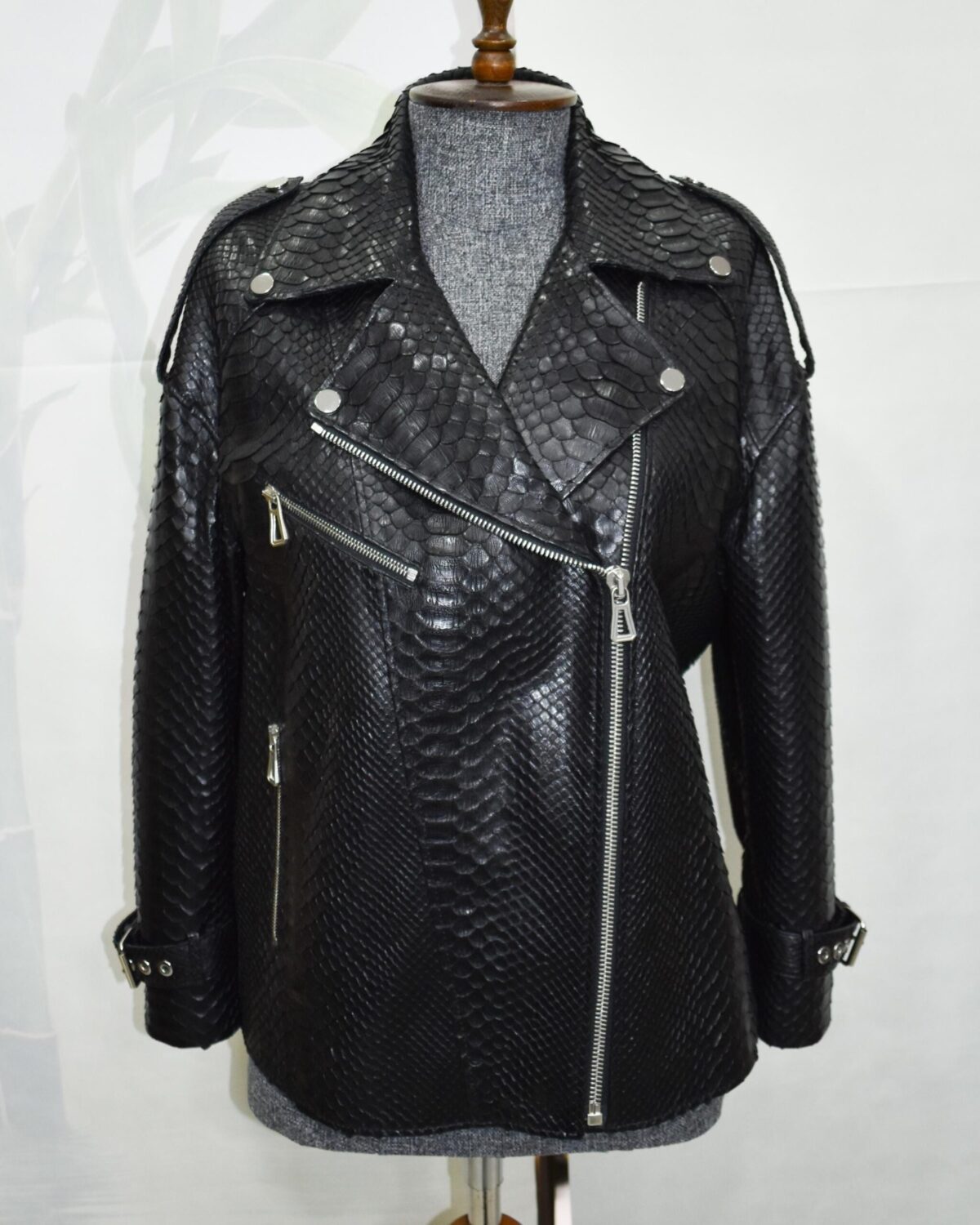 695e604f59f447123fa64bb6.jpg Oversized Boyfriend Black Genuine Python Skin Biker Jacket - Luxury Exotic Moto Coat