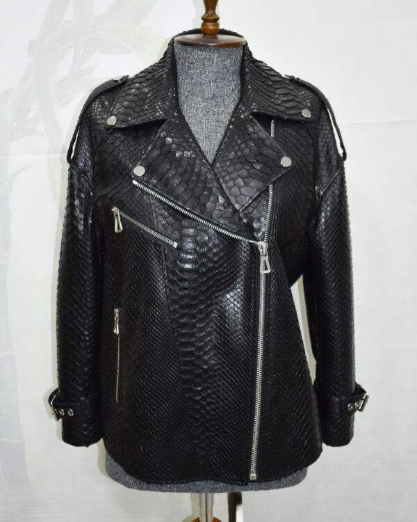 Oversized Boyfriend Black Genuine Python Skin Biker Jacket - Luxury Exotic Moto Coat