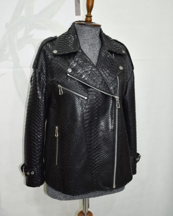 Oversized Boyfriend Black Genuine Python Skin Biker Jacket - Luxury Exotic Moto Coat