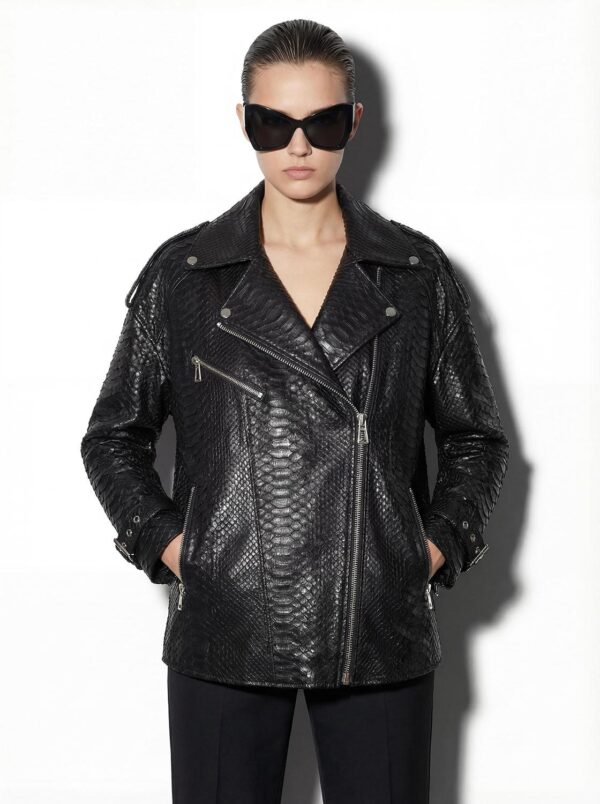 Oversized Boyfriend Black Genuine Python Skin Biker Jacket - Luxury Exotic Moto Coat