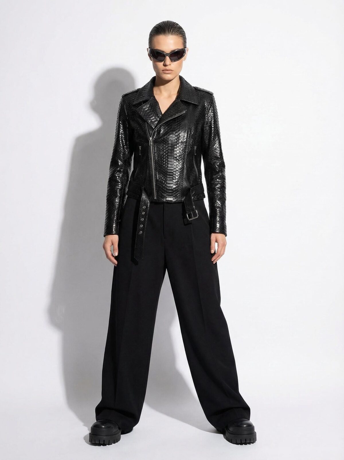 695e605359f447123fa64df6.jpg Black Genuine Python Skin Biker Jacket - Luxury Exotic Moto Coat With Belt