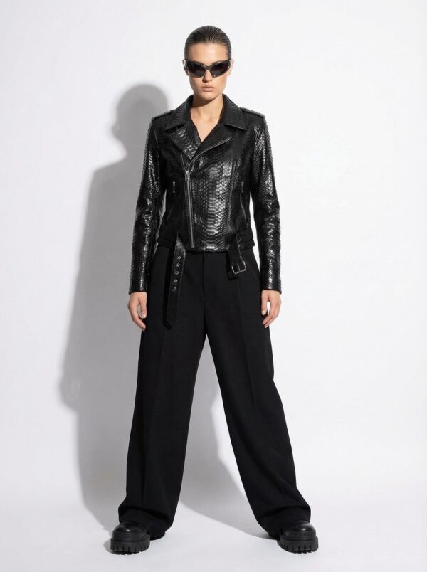 Black Genuine Python Skin Biker Jacket - Luxury Exotic Moto Coat With Belt
