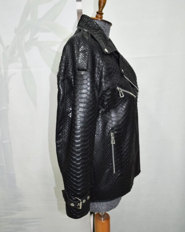 Oversized Boyfriend Black Genuine Python Skin Biker Jacket - Luxury Exotic Moto Coat
