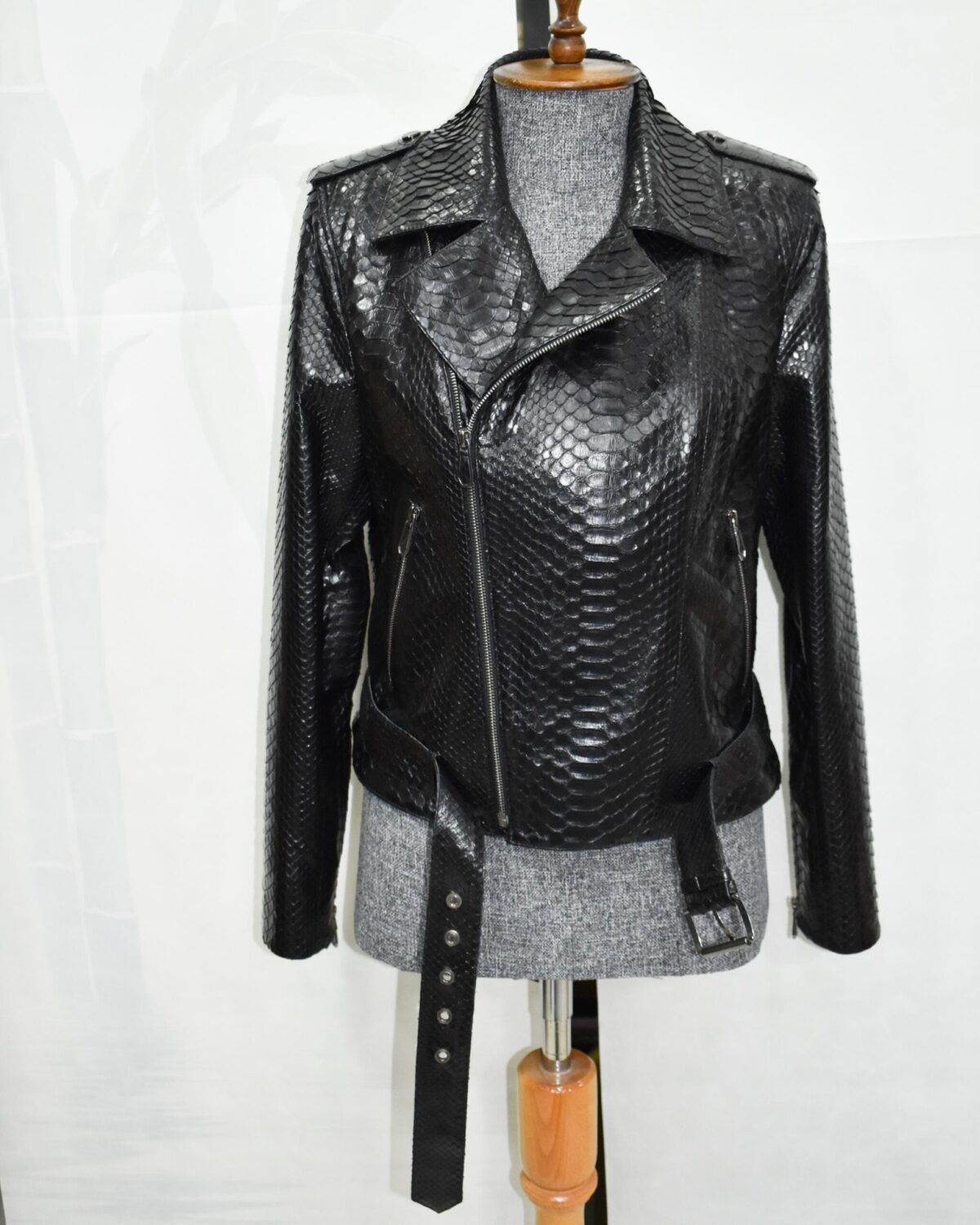 695e605459f447123fa64e8f.jpg Black Genuine Python Skin Biker Jacket - Luxury Exotic Moto Coat With Belt