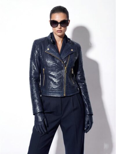 695e605559f447123fa64f40.jpg Exotic Navy Blue Genuine Python Skin Biker Jacket - Cropped Motorcycle Style with Gold Hardware