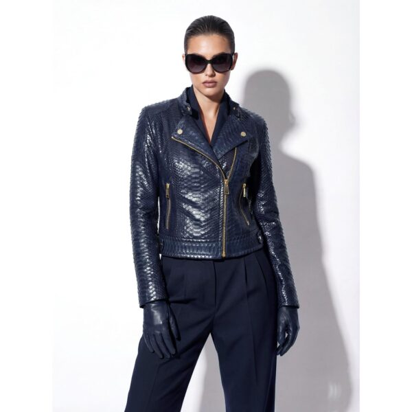 Exotic Navy Blue Genuine Python Skin Biker Jacket - Cropped Motorcycle Style with Gold Hardware