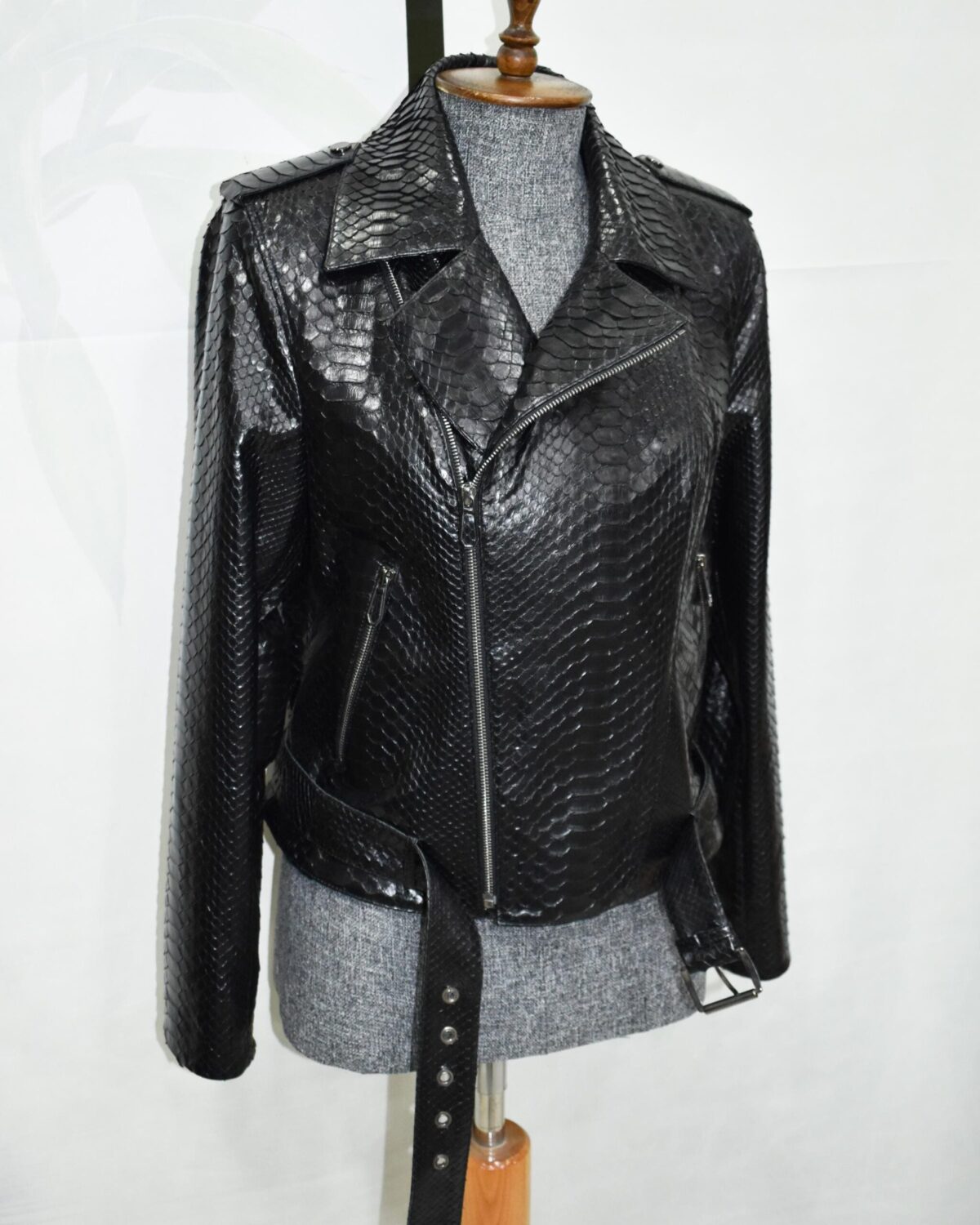 695e605559f447123fa64f75.jpg Black Genuine Python Skin Biker Jacket - Luxury Exotic Moto Coat With Belt