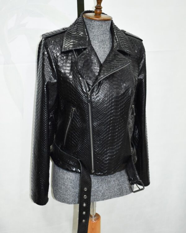 Black Genuine Python Skin Biker Jacket - Luxury Exotic Moto Coat With Belt