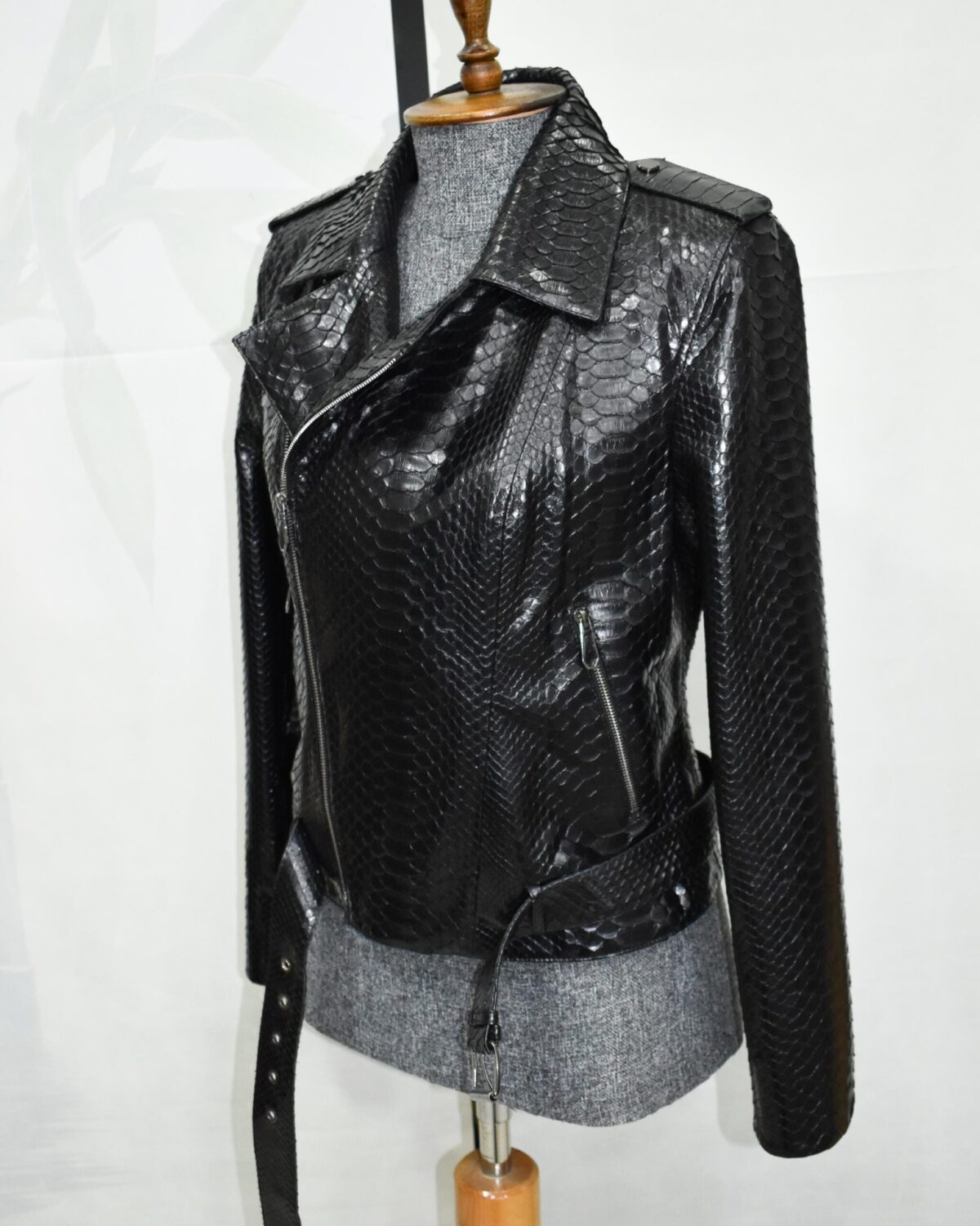 695e605559f447123fa64fa8.jpg Black Genuine Python Skin Biker Jacket - Luxury Exotic Moto Coat With Belt