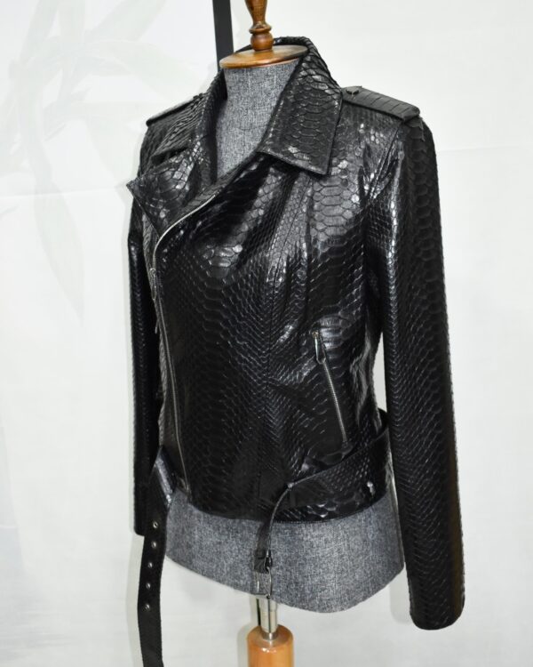 Black Genuine Python Skin Biker Jacket - Luxury Exotic Moto Coat With Belt