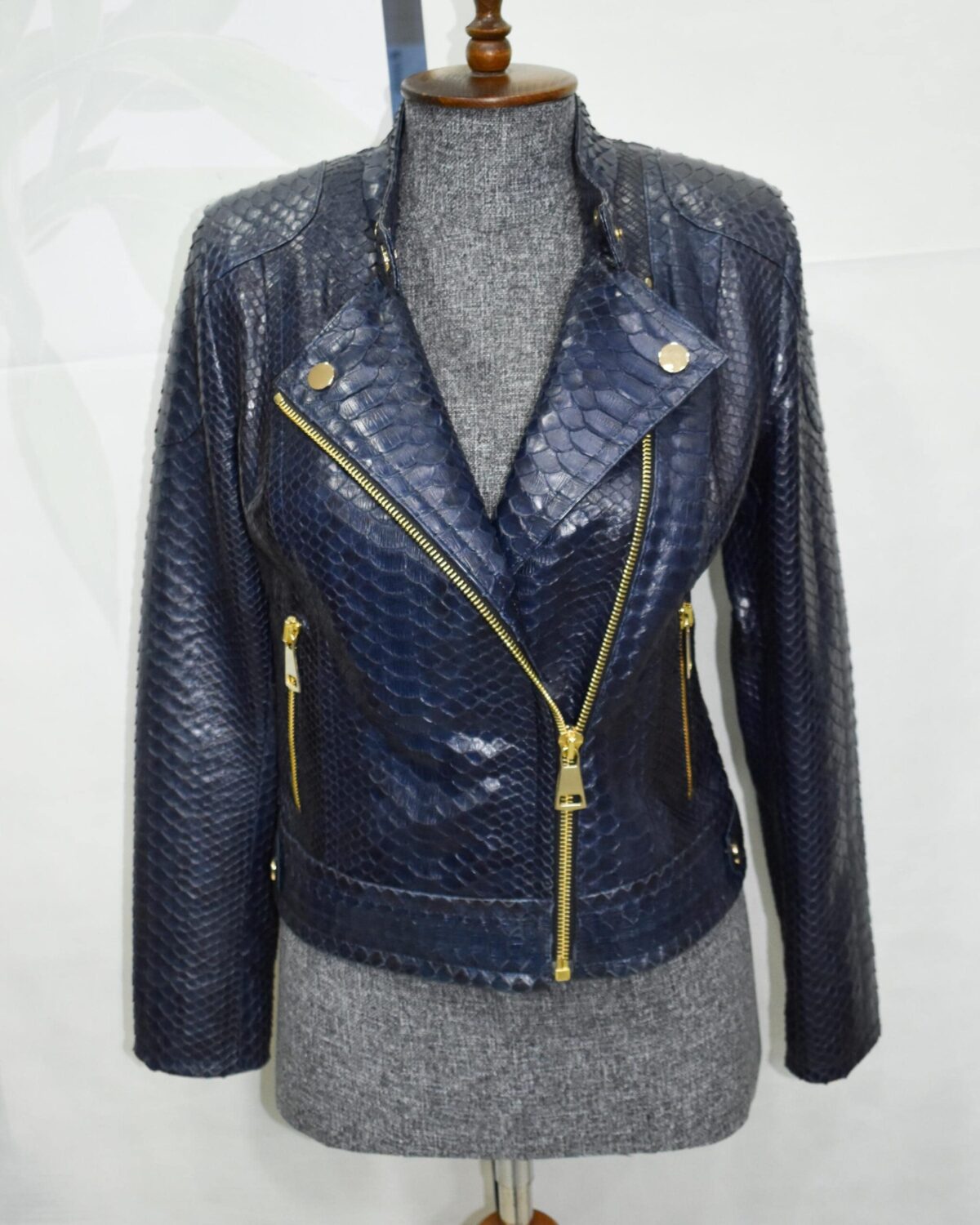 695e605559f447123fa64fb0.jpg Exotic Navy Blue Genuine Python Skin Biker Jacket - Cropped Motorcycle Style with Gold Hardware