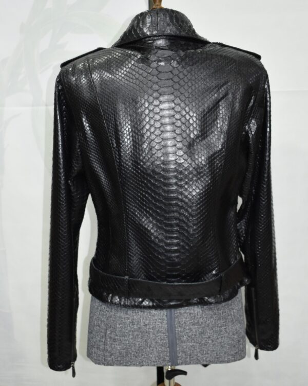Black Genuine Python Skin Biker Jacket - Luxury Exotic Moto Coat With Belt
