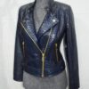 695e605659f447123fa65010.jpg Exotic Navy Blue Genuine Python Skin Biker Jacket - Cropped Motorcycle Style with Gold Hardware
