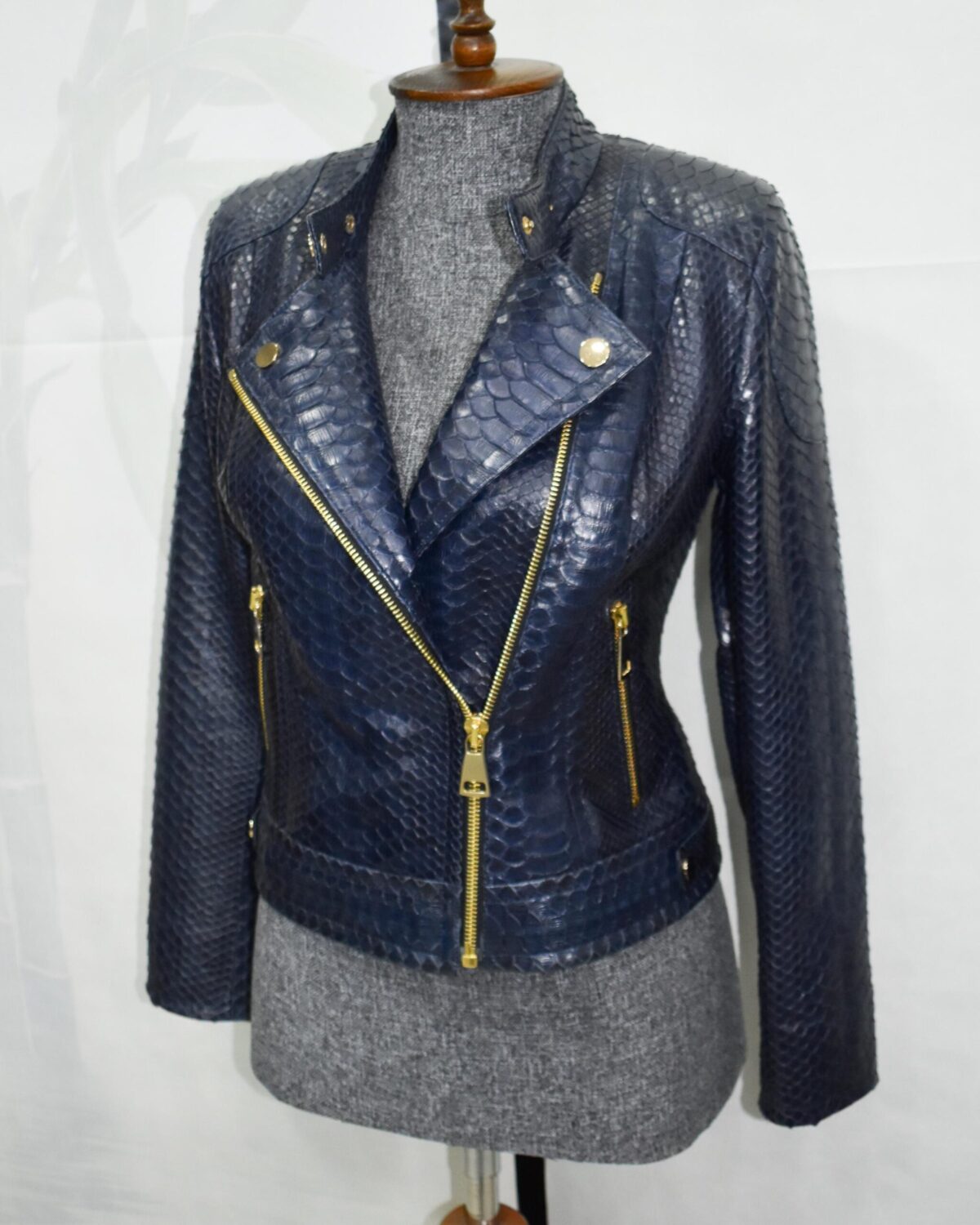 695e605659f447123fa65010.jpg Exotic Navy Blue Genuine Python Skin Biker Jacket - Cropped Motorcycle Style with Gold Hardware