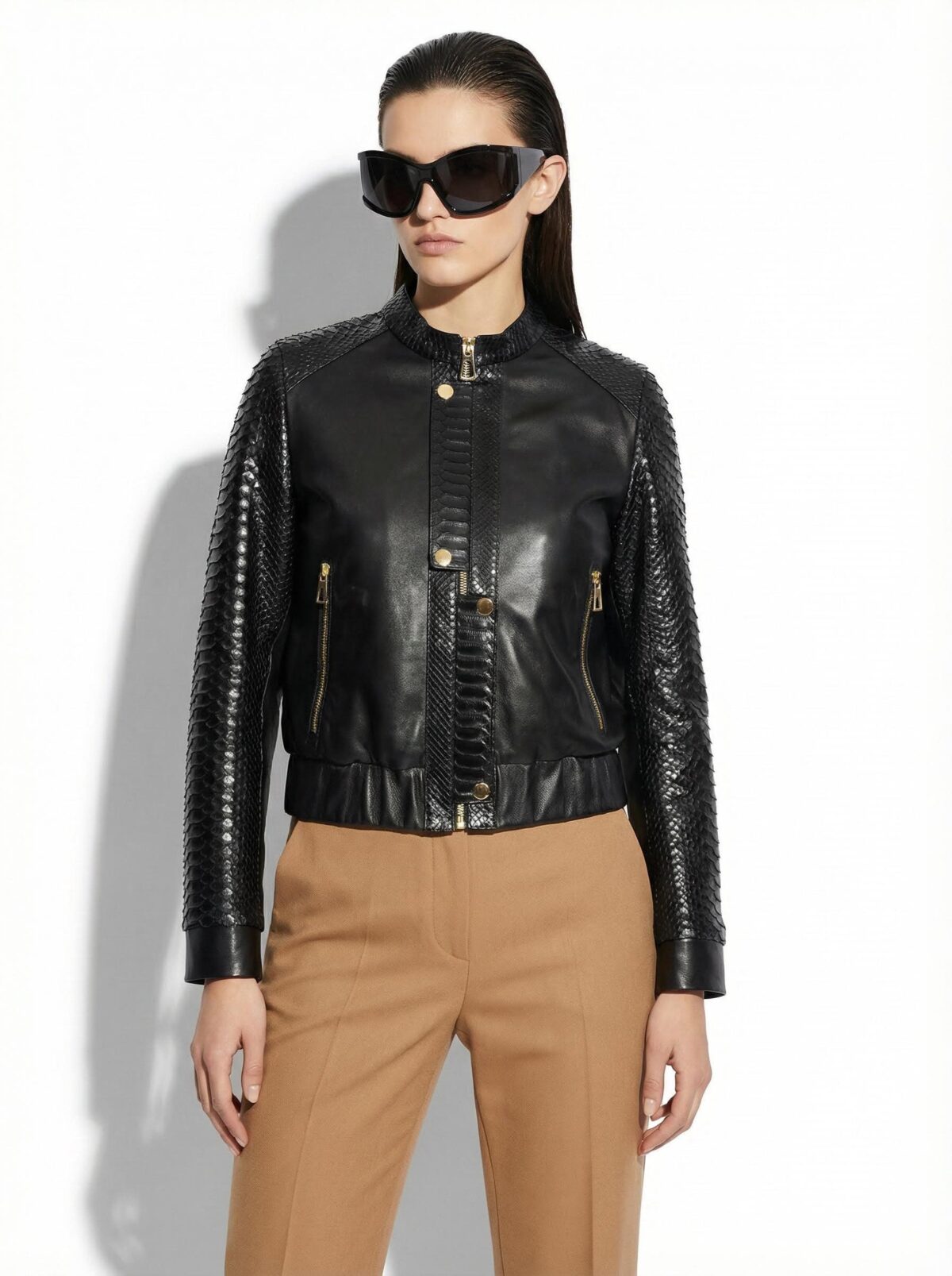 Women's Real Python Skin Trim Genuine Leather Luxury Bespoke Bomber Jacket