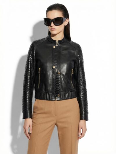 Women's Real Python Skin Trim Genuine Leather Luxury Bespoke Bomber Jacket