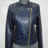 695e605759f447123fa650a0.jpg Exotic Navy Blue Genuine Python Skin Biker Jacket - Cropped Motorcycle Style with Gold Hardware