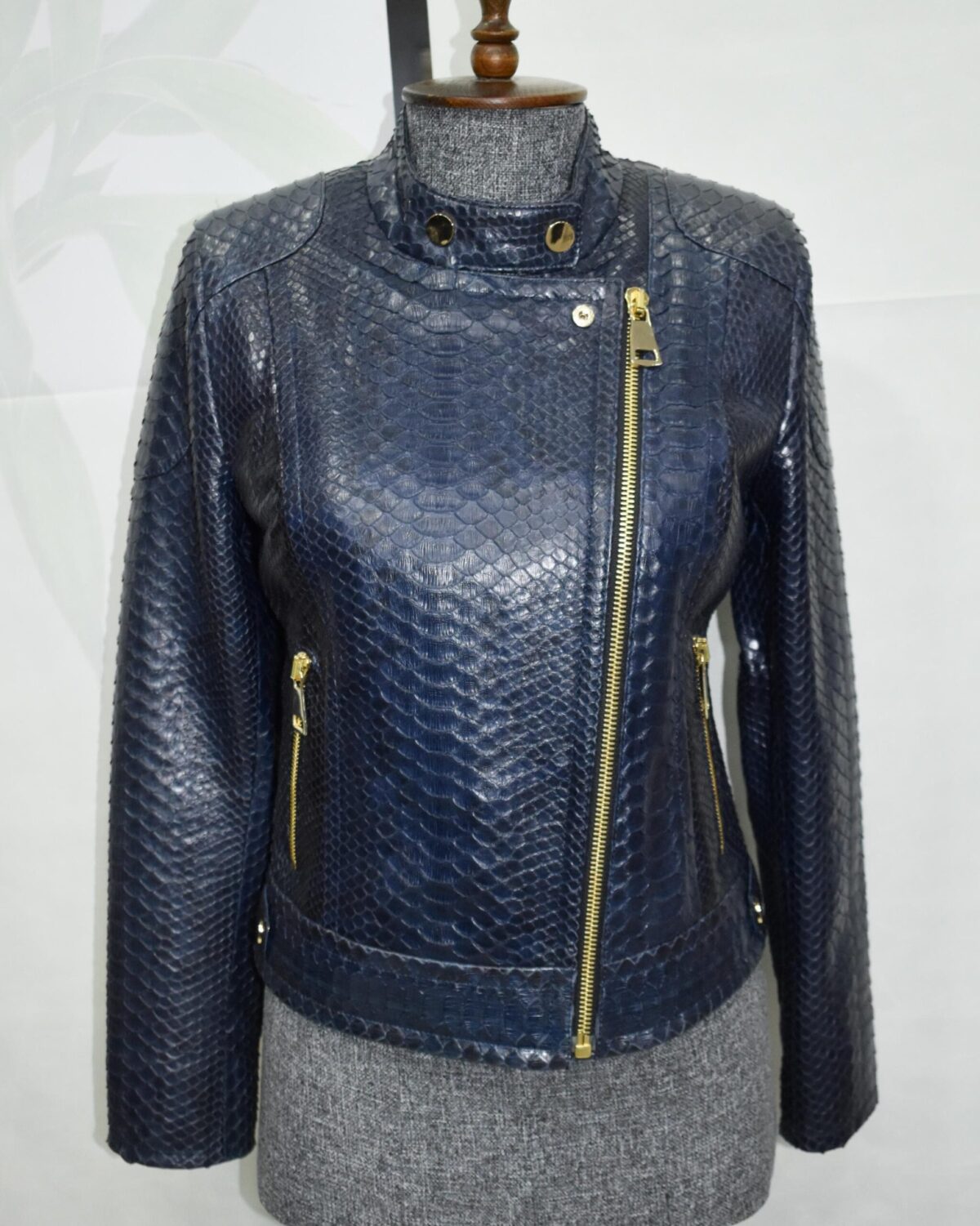 695e605759f447123fa650a0.jpg Exotic Navy Blue Genuine Python Skin Biker Jacket - Cropped Motorcycle Style with Gold Hardware