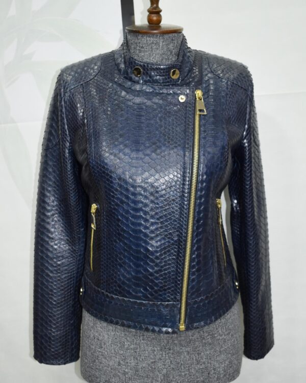 Exotic Navy Blue Genuine Python Skin Biker Jacket - Cropped Motorcycle Style with Gold Hardware