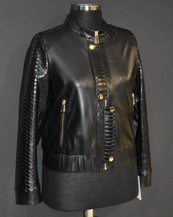 Women's Real Python Skin Trim Genuine Leather Luxury Bespoke Bomber Jacket