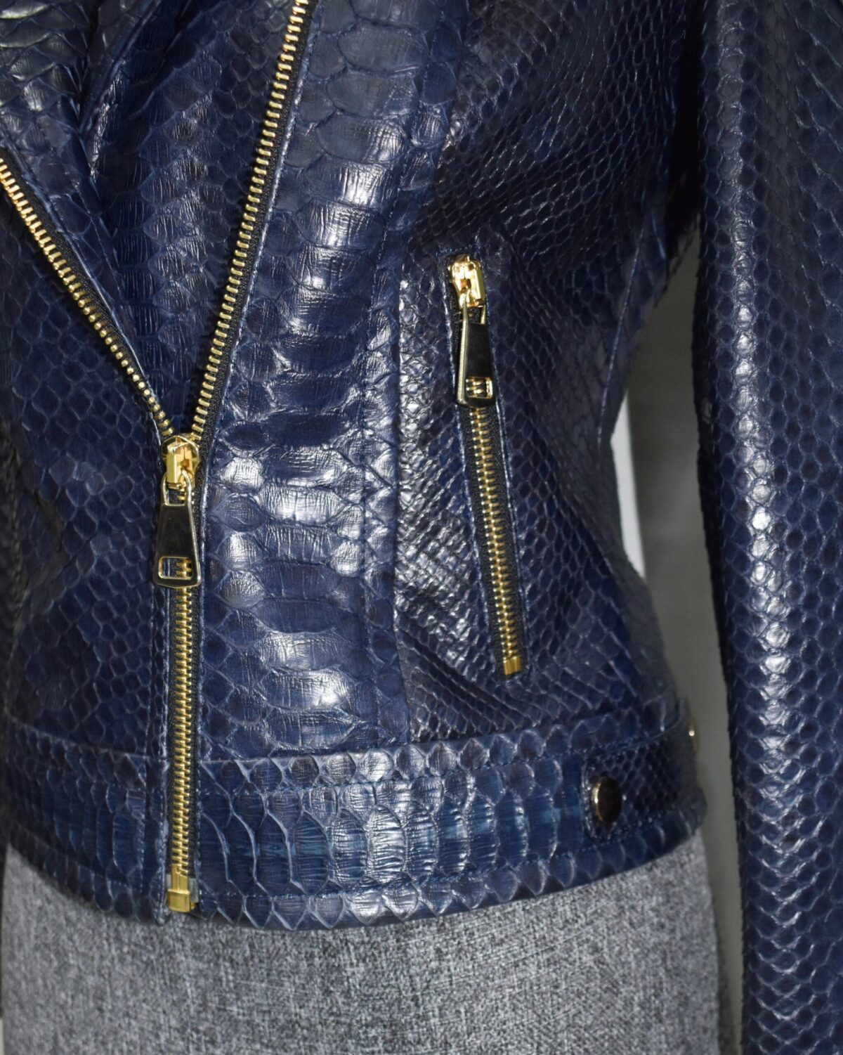 695e605859f447123fa65200.jpg Exotic Navy Blue Genuine Python Skin Biker Jacket - Cropped Motorcycle Style with Gold Hardware