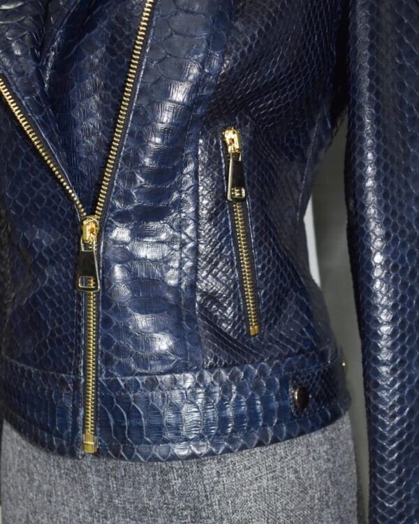 Exotic Navy Blue Genuine Python Skin Biker Jacket - Cropped Motorcycle Style with Gold Hardware