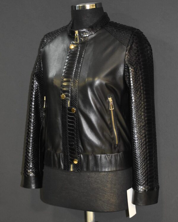 Women's Real Python Skin Trim Genuine Leather Luxury Bespoke Bomber Jacket