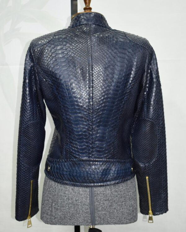 Exotic Navy Blue Genuine Python Skin Biker Jacket - Cropped Motorcycle Style with Gold Hardware