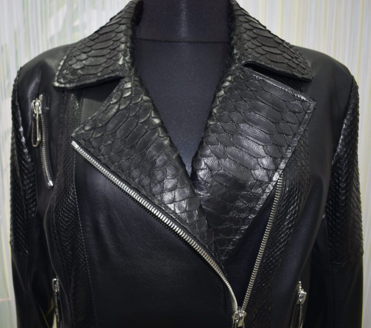 Women's Real Python Skin Trim Genuine Leather Luxury Bespoke Motorcycle Biker Jacket