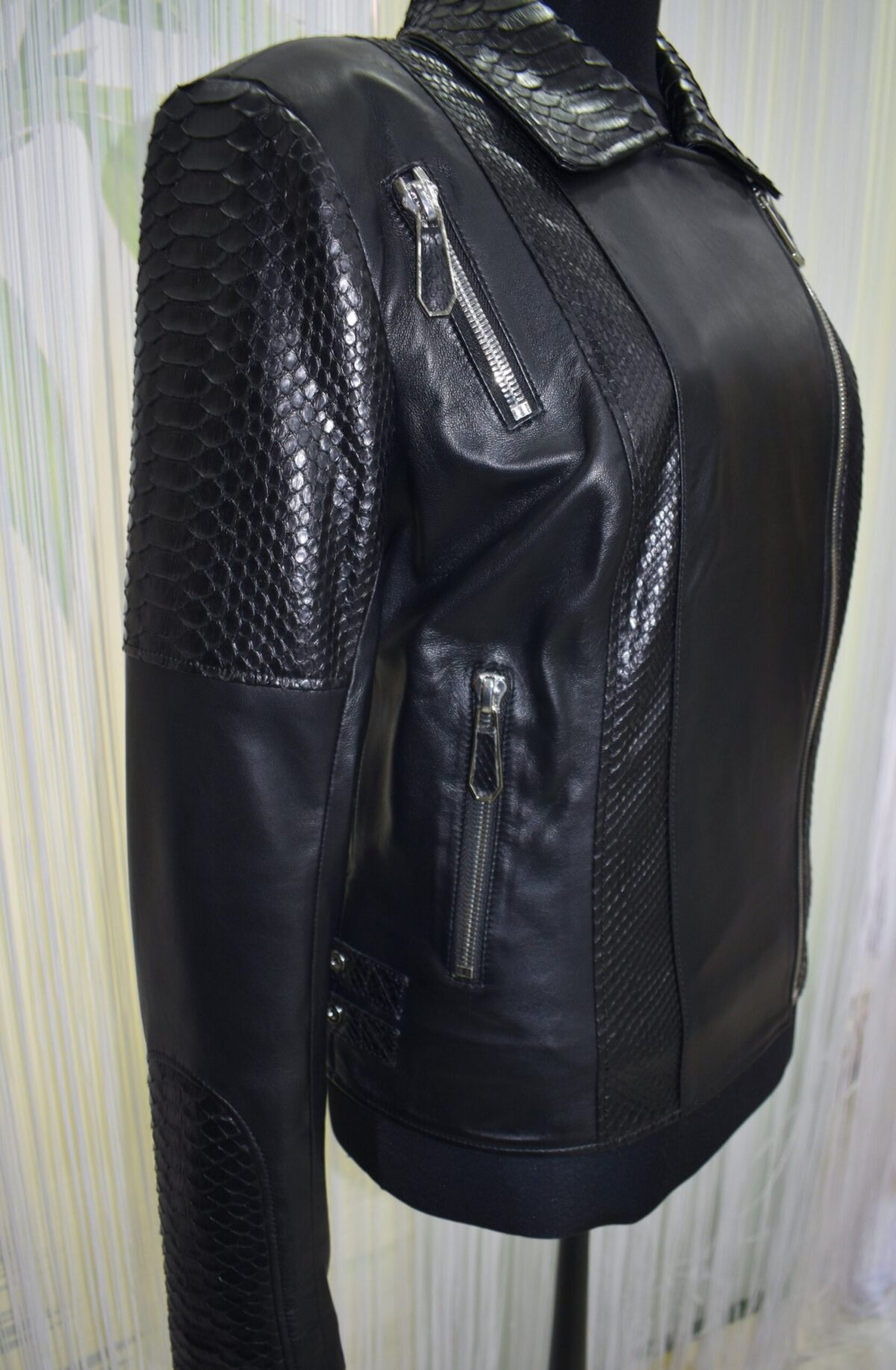 Women's Real Python Skin Trim Genuine Leather Luxury Bespoke Motorcycle Biker Jacket