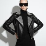 Rocker Chic Crystal Embellished Suede Collar Women's Black Biker Leather Jacket