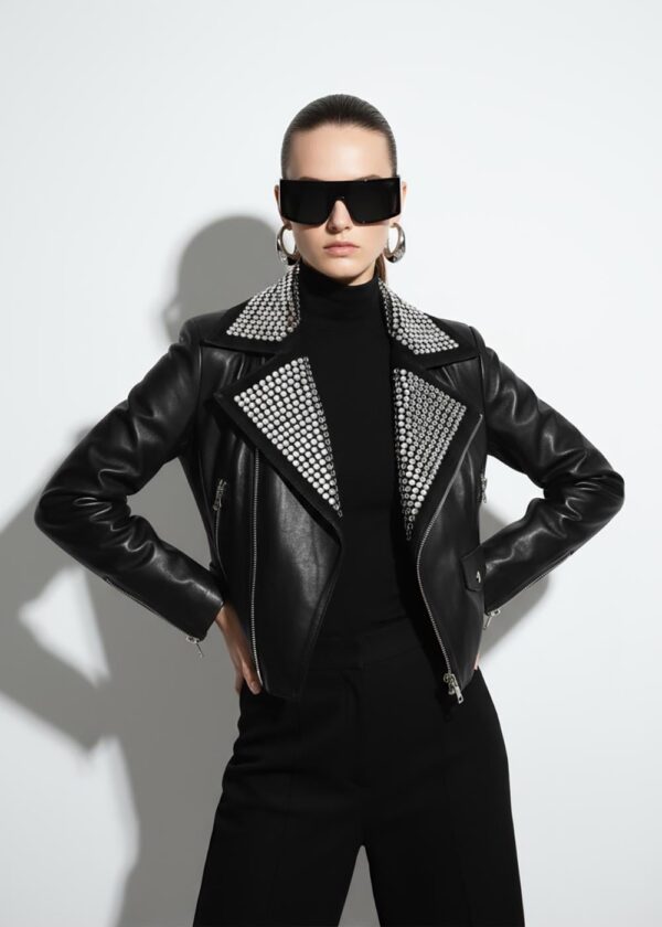 Rocker Chic Crystal Embellished Suede Collar Women's Black Biker Leather Jacket