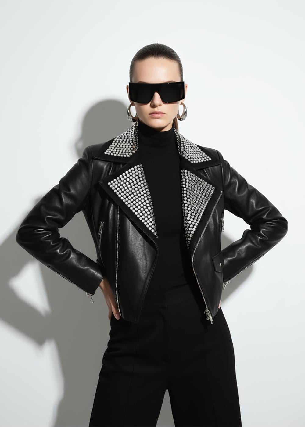 695e607a59f447123fa65e9a.jpg Rocker Chic Crystal Embellished Suede Collar Women's Black Biker Leather Jacket