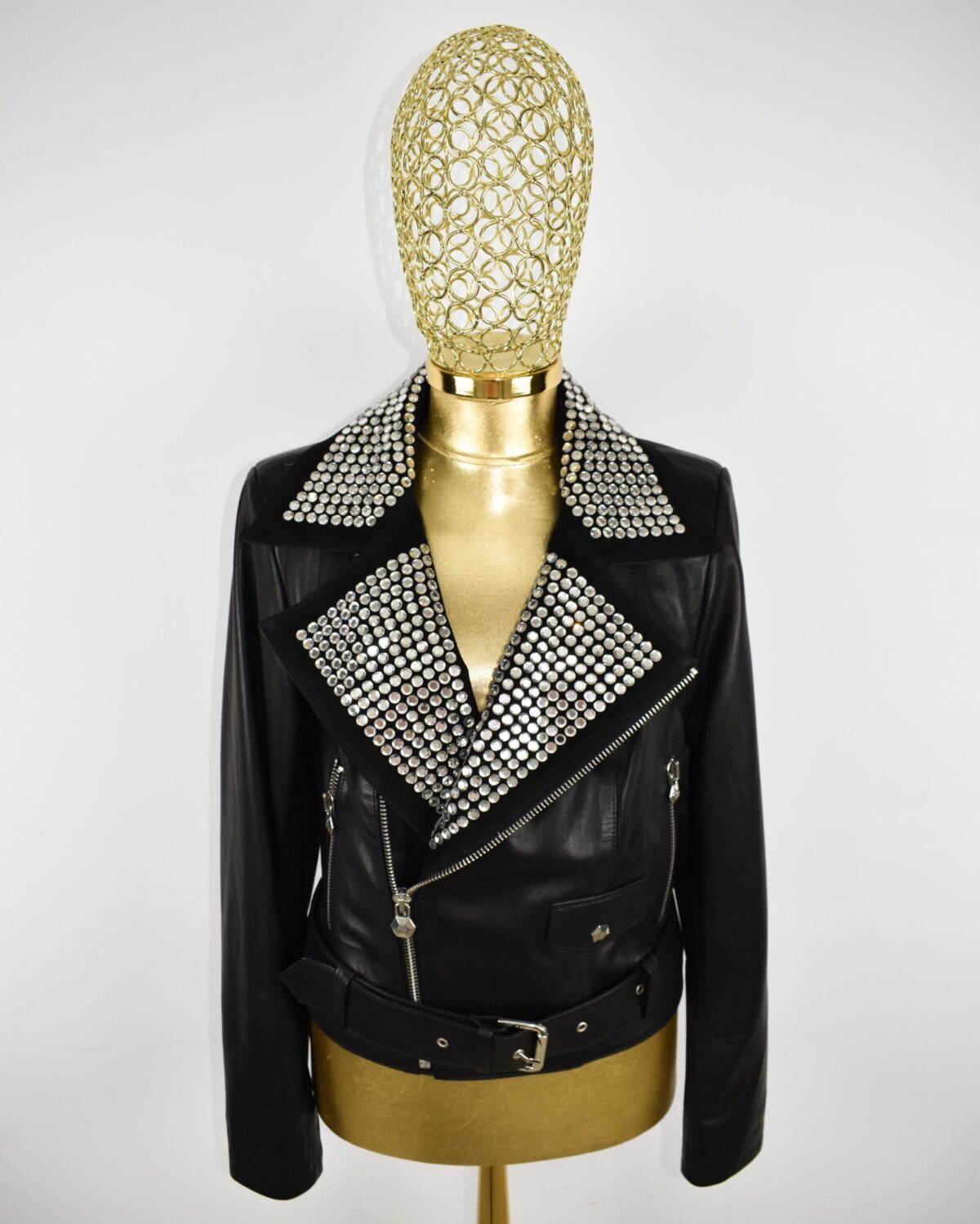 695e607b59f447123fa65eb0.jpg Rocker Chic Crystal Embellished Suede Collar Women's Black Biker Leather Jacket