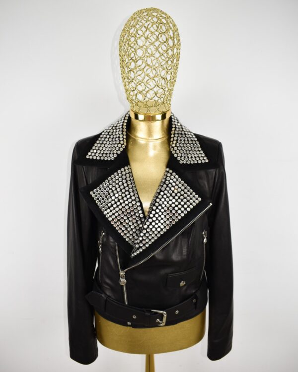 Rocker Chic Crystal Embellished Suede Collar Women's Black Biker Leather Jacket