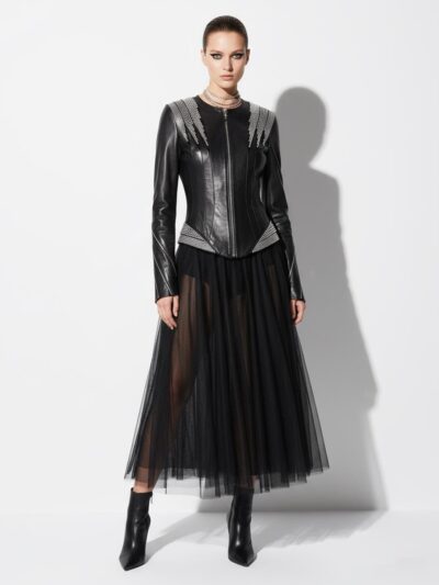 Rhinestone Black Leather Jacket • Women’s Crystal Studded Biker Coat