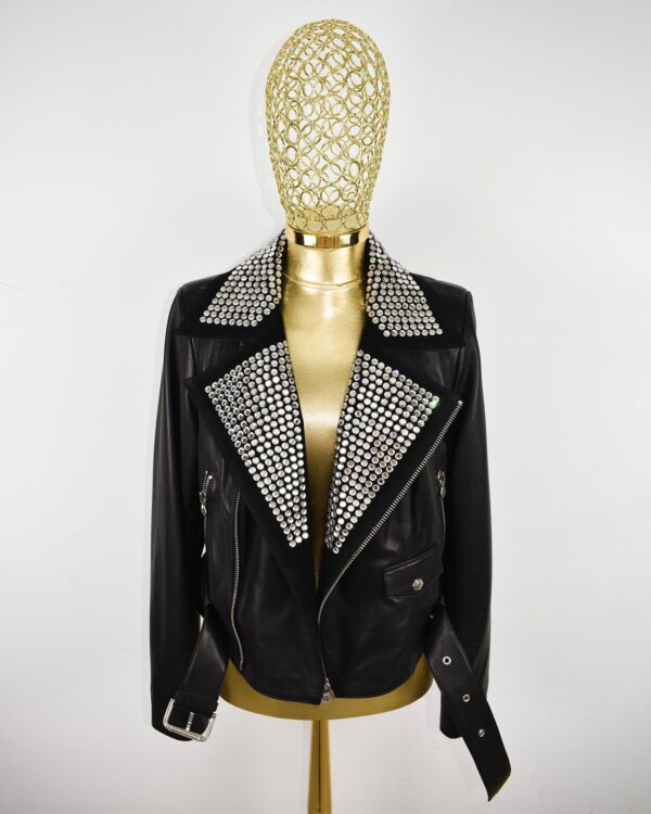 Rocker Chic Crystal Embellished Suede Collar Women's Black Biker Leather Jacket
