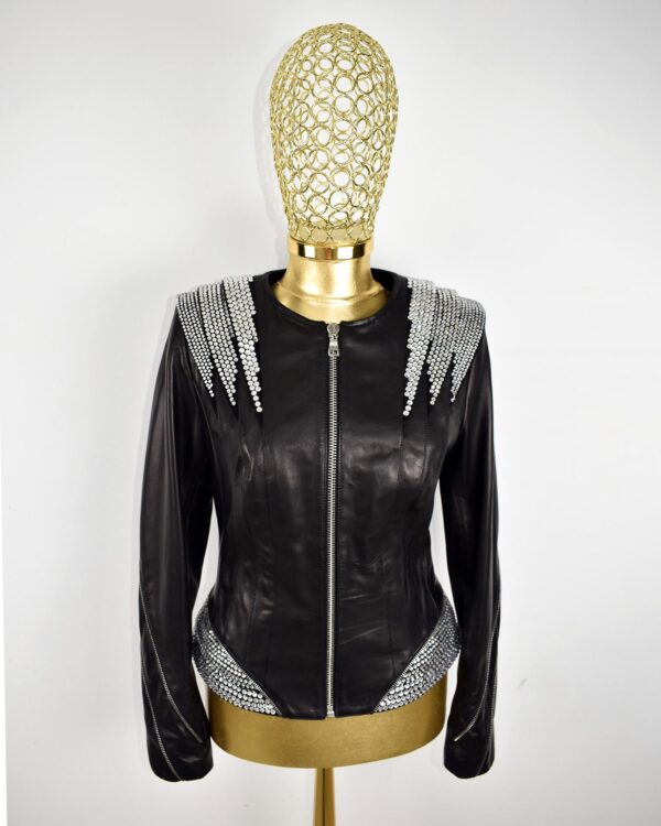 Rhinestone Black Leather Jacket • Women’s Crystal Studded Biker Coat