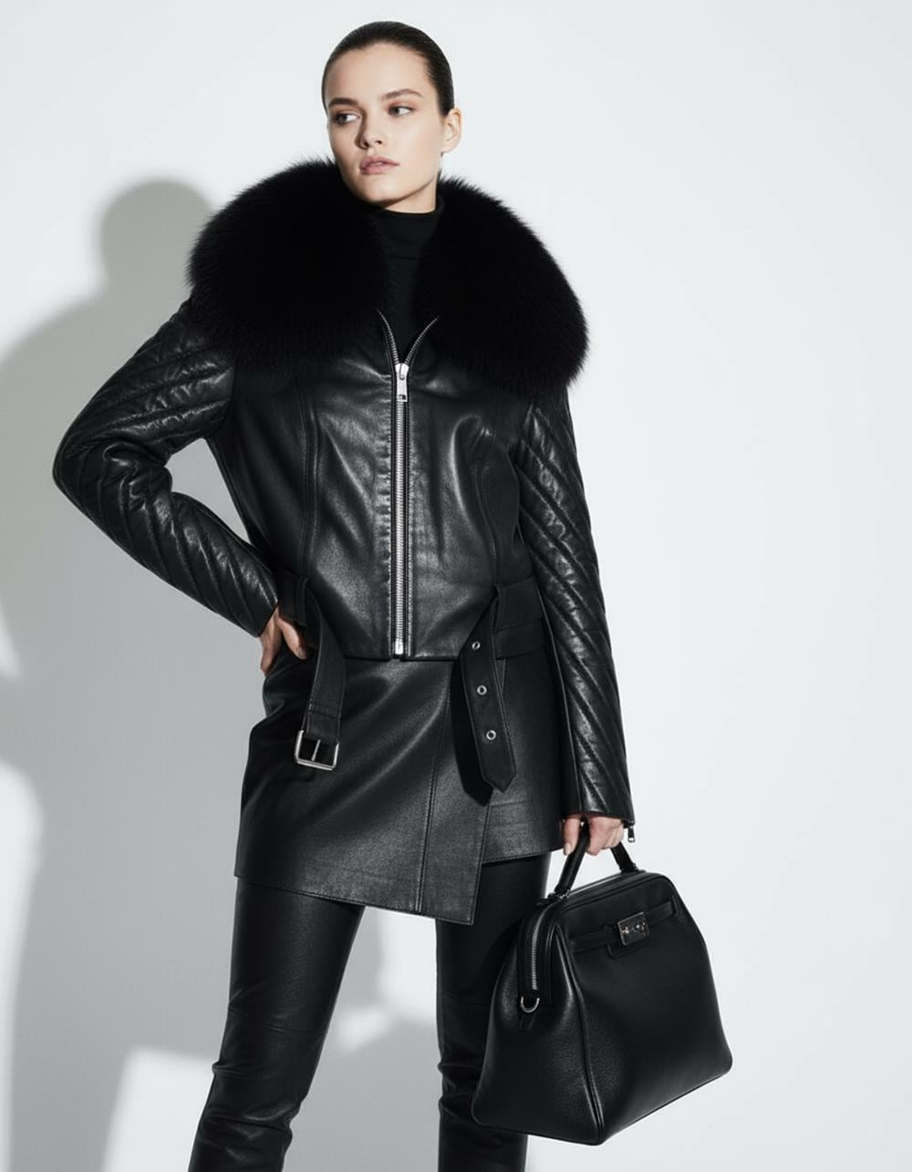 Handmade Lambskin Leather Jacket: Fox Fur Trim, Black Luxury Coat