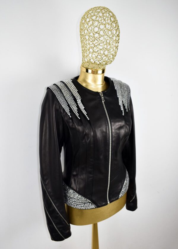 Rhinestone Black Leather Jacket • Women’s Crystal Studded Biker Coat