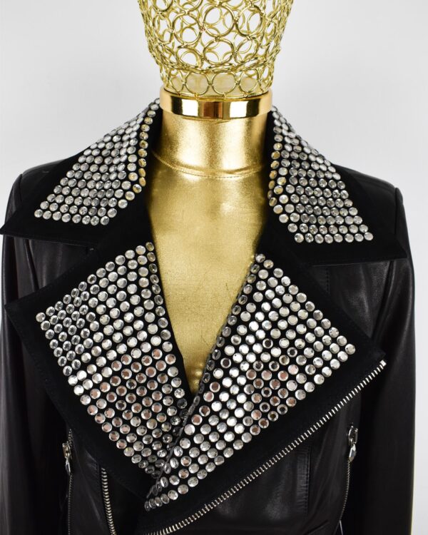 Rocker Chic Crystal Embellished Suede Collar Women's Black Biker Leather Jacket