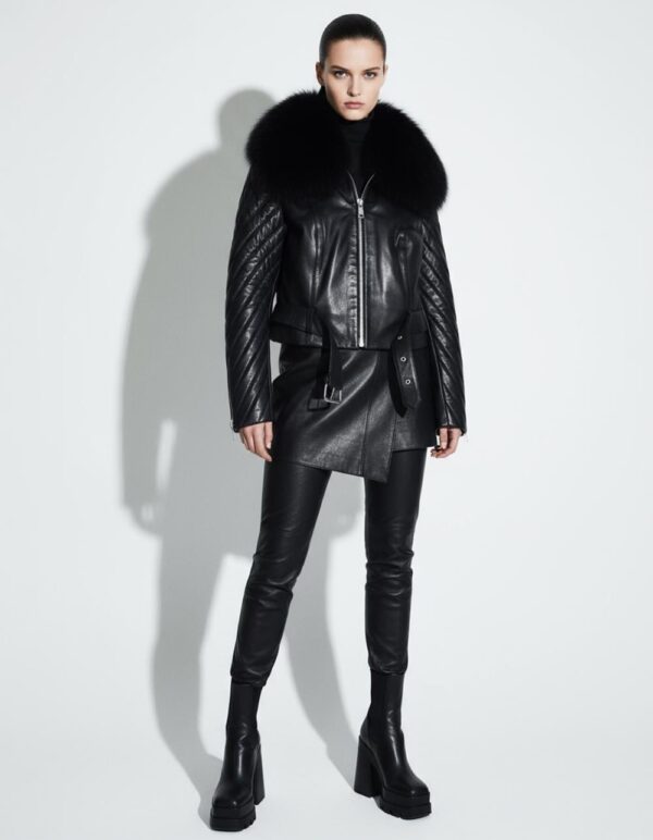 Handmade Lambskin Leather Jacket: Fox Fur Trim, Black Luxury Coat