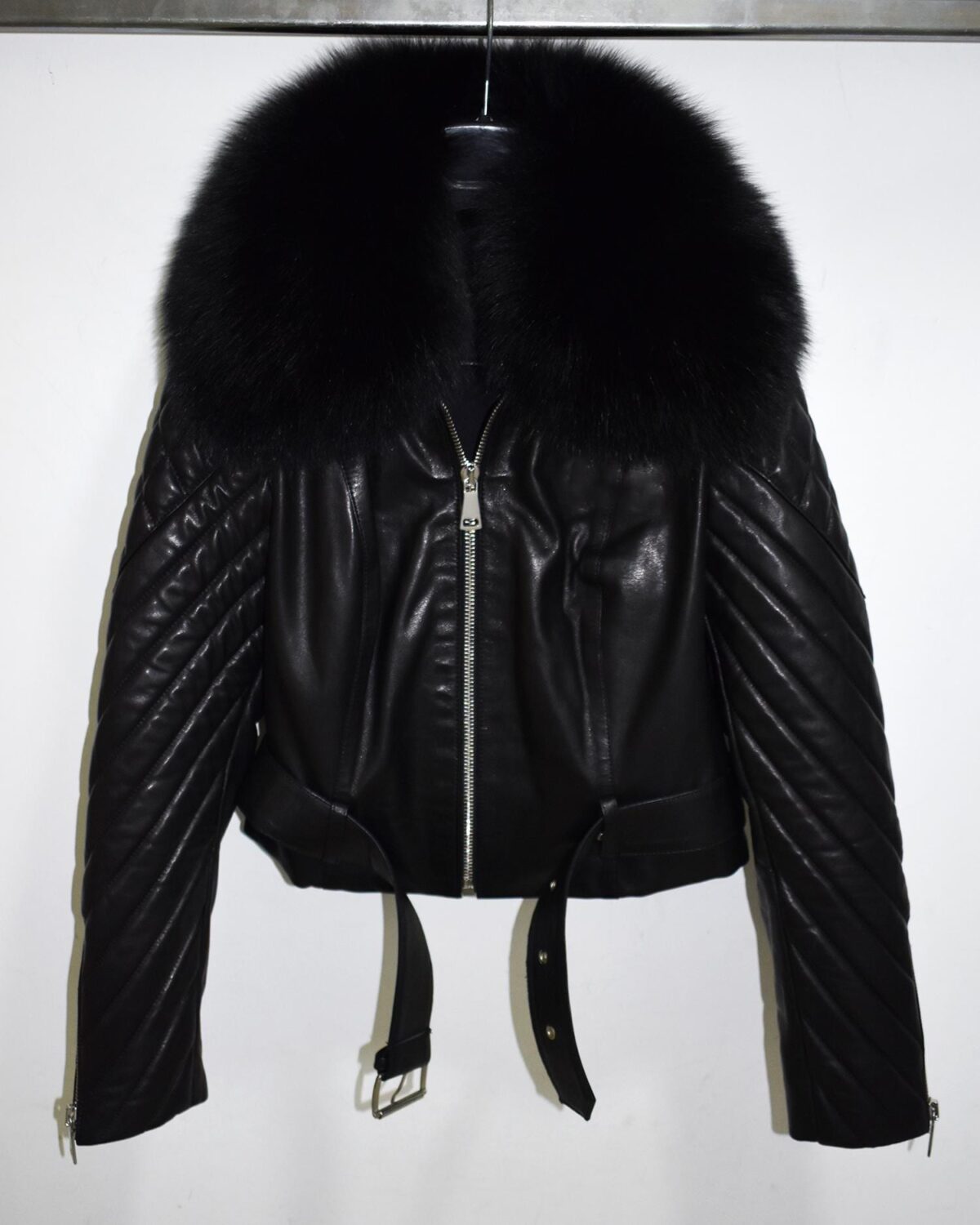 Handmade Lambskin Leather Jacket: Fox Fur Trim, Black Luxury Coat
