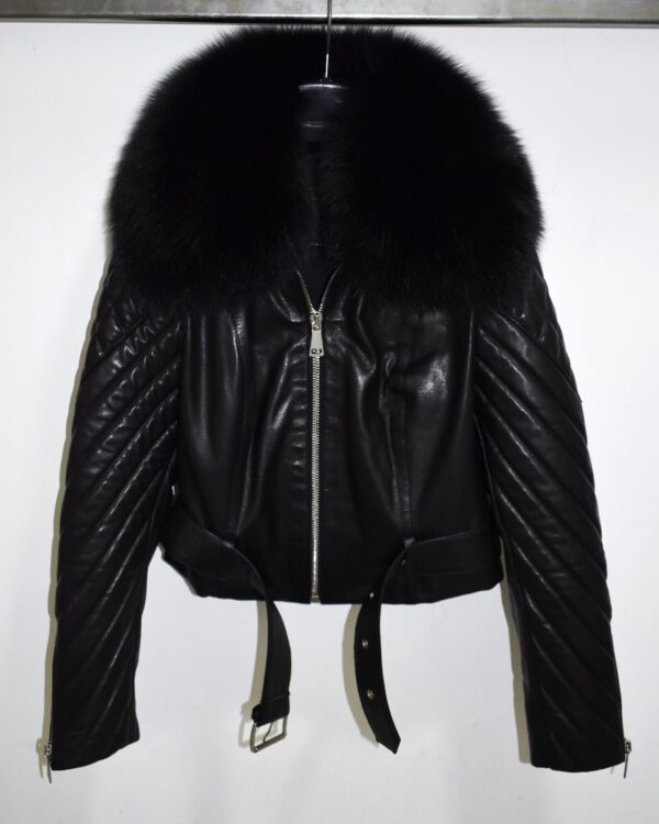 Handmade Lambskin Leather Jacket: Fox Fur Trim, Black Luxury Coat