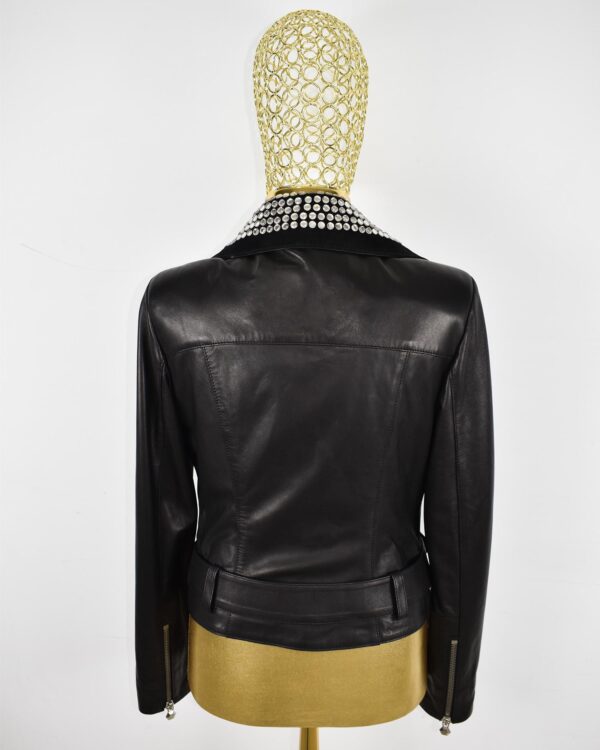 Rocker Chic Crystal Embellished Suede Collar Women's Black Biker Leather Jacket