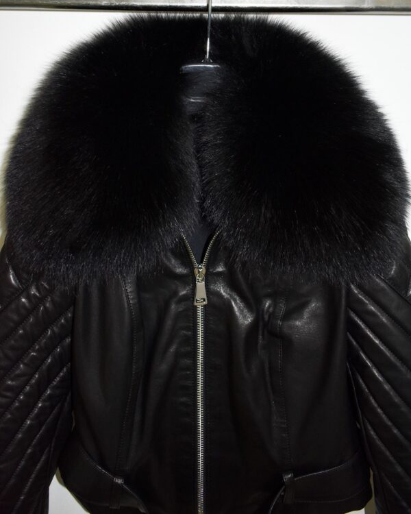 Handmade Lambskin Leather Jacket: Fox Fur Trim, Black Luxury Coat