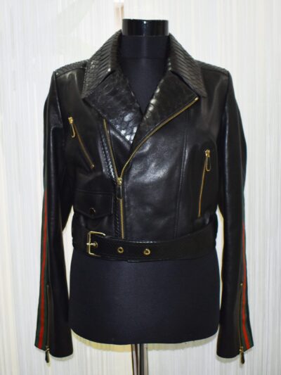 Women's Real Python Skin Trim Genuine Leather Luxury Motorcycle Biker Jacket